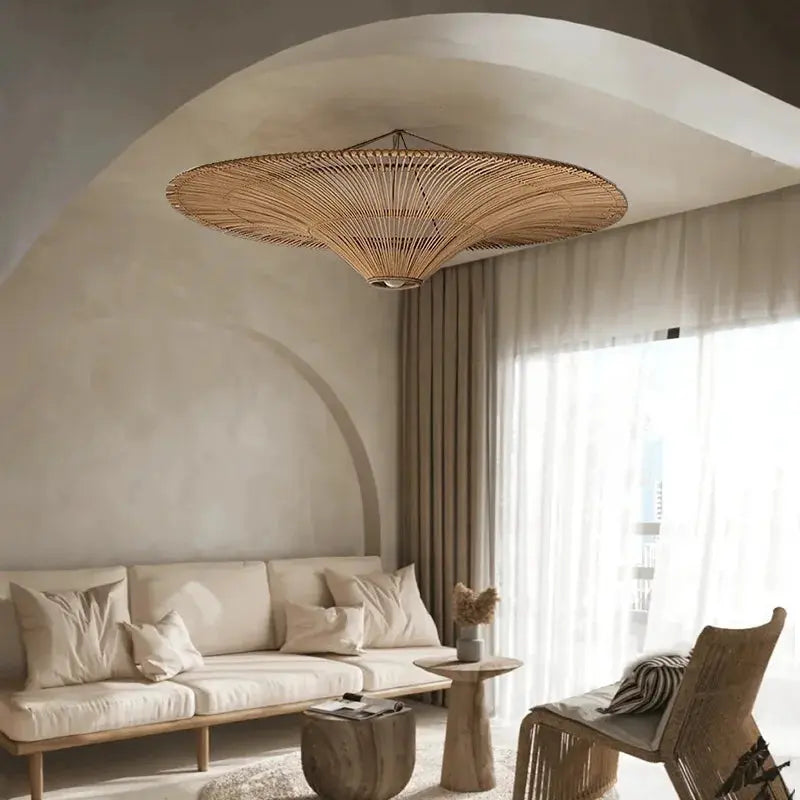 Mika – Handmade Round Japanese Rattan LED Pendant Light for Minimalist Interiors Kozyled